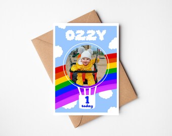 Personalised Birthday Card | Child's Birthday Card | Hot Air Balloon | Rainbow | Funky, Bright Birthday Card | 1st Birthday Card