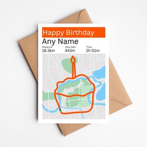 May include: A birthday card with an orange cake-shaped route map design. The card has the words "Happy Birthday" and "Any Name" printed on it. The card is on a brown envelope.