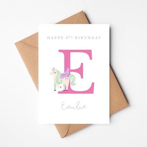 Tarjeta de cumpleaños con inicial / Tarjeta con letra de unicornio / Tarjeta con inicial rosa impresa / Tarjeta de feliz cumpleaños personalizada