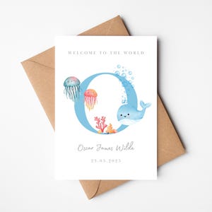 carte de naissance personnalisée Sous la mer | océan carte | Bienvenue dans le monde | Animaux marins | Carte à thème mer initiale bébé garçon fille