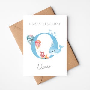 Tarjeta de cumpleaños con iniciales marinas / Tarjeta con letras bajo el mar / Tarjeta con iniciales oceánicas impresas / Tarjeta de feliz cumpleaños personalizada