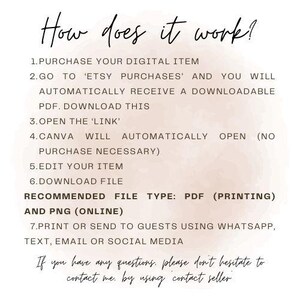 May include: A digital product guide with the title "How does it work?" in elegant script. The steps include purchasing, downloading, editing, and printing. The recommended file types are PDF for printing and PNG for online use.