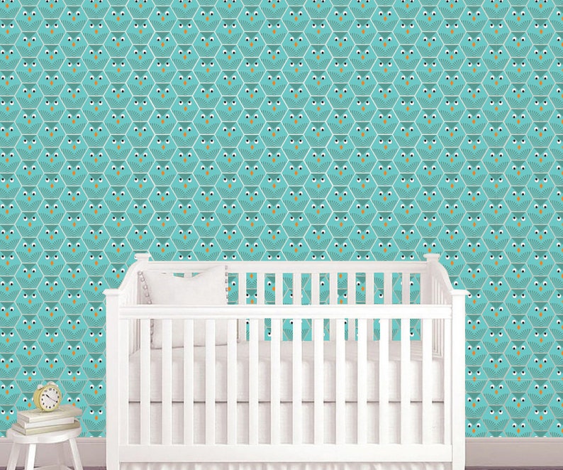 Owls Cartoon Pattern Wallpaper Woven Self-Adhesive Wall Art Mural Nursery T37