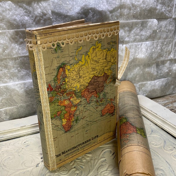 Handmade Antique Vintage Junk Journal - 1920's World Map- ONLY Antique Ephemera - No commercial papers- - Free Shipping in North America