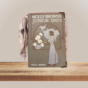 Op de afbeelding: Een hardcover boek getiteld Molly Brown's Junior Days door Nell Speed met een grijze kaft en een illustratie van een persoon bij een raam met bloemen. Het boek is voorzien van decoratieve metalen hoeken, kanten randen en stoffen linten.