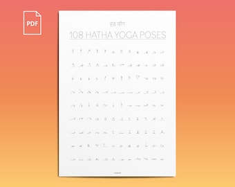 Yoga stick figure poster with 108 hatha yoga poses, a digital printable download PDF with yoga asanas in A1, A3, 24x36, 18x24 for decoration