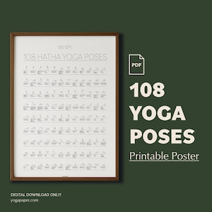 Printable yoga poster with 108 yoga pose drawings including Sanskrit pose names, a PDF download in A1 & 24x36 for your yoga studio interior