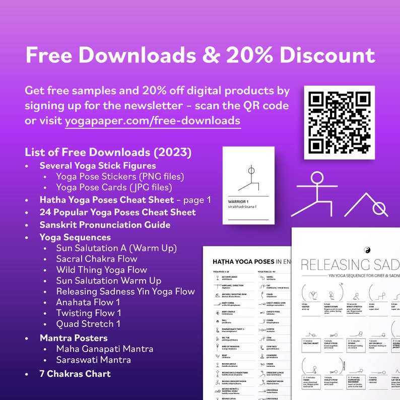 Yin Poses Cheat Sheet: 60 Yin Yoga Poses in English With Stick-figure ...