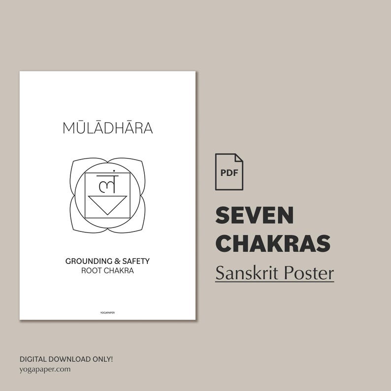 Seven Chakras: 7 printable PDF files for every Chakra including Symbol, Names and Meaning. Yoga Decoration for Studio or Home, A4, Letter image 1