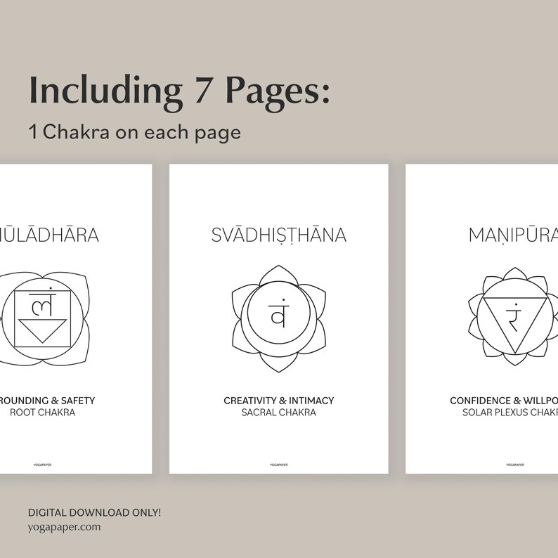 Seven Chakras: 7 printable PDF files for every Chakra including Symbol, Names and Meaning. Yoga Decoration for Studio or Home, A4, Letter image 2