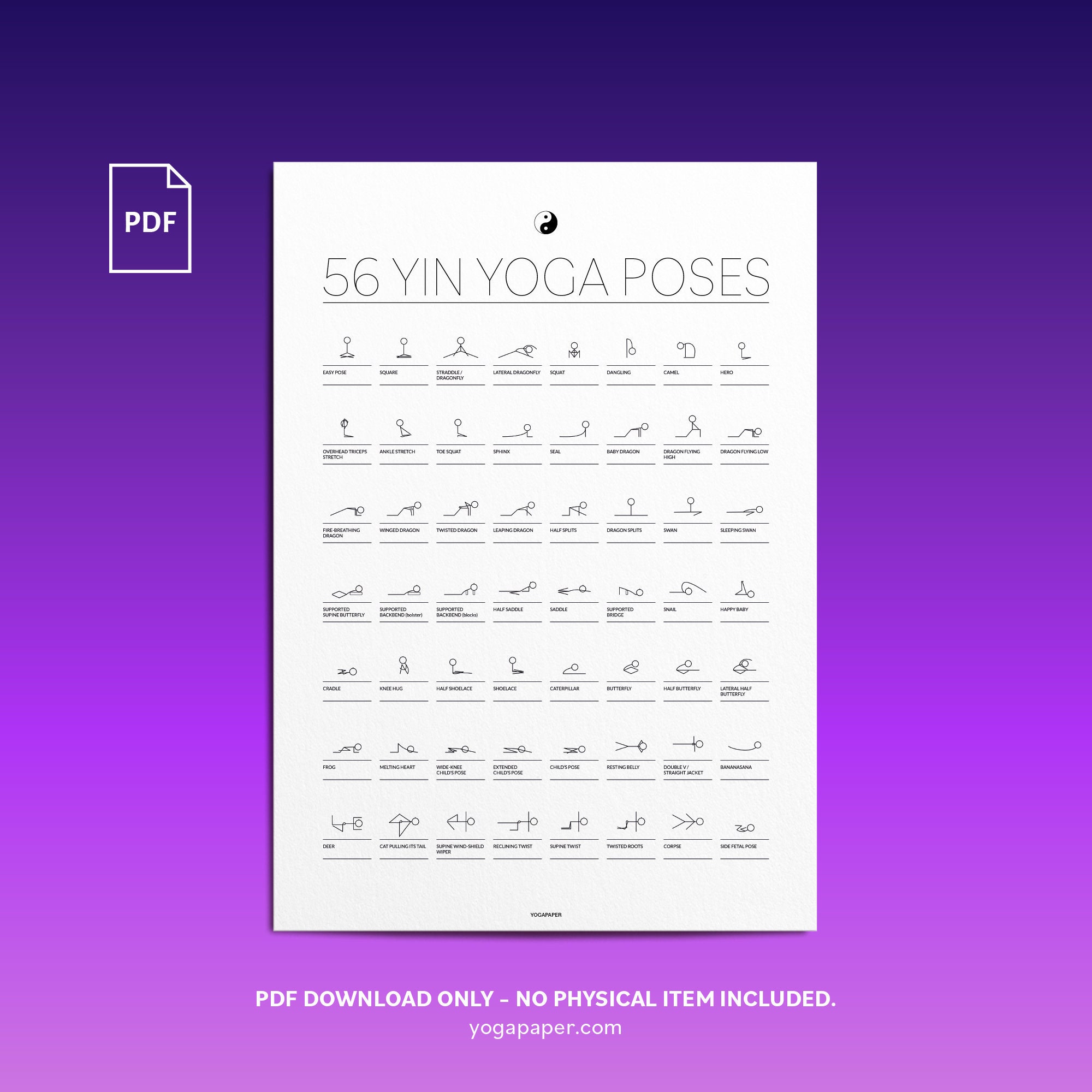 56 Yin Yoga Postures: Printable PDF Yin Yoga Poster With Stick