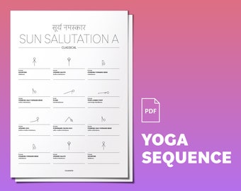 Sun Salutation A Yoga Stick-Figure Sequence: Classical, Beginners, Printable PDF, Yoga Asana Postures Flow,  Sanskrit Yoga Poses, A4, Letter