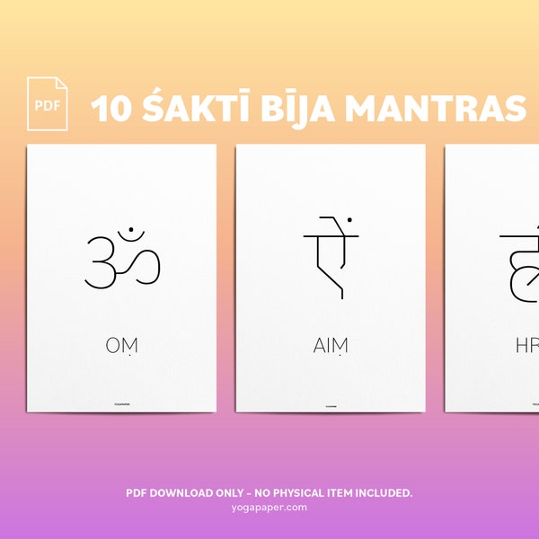 10 Shakti Bija Sanskrit Mantras: Print at home PDF files. Printable Yoga Mantra Poster Downloads. Om Aum Aim Hreem Streem Kleem Hoom