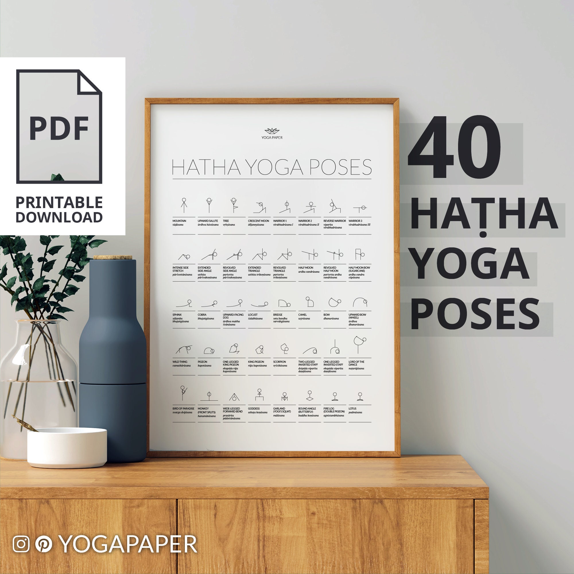 40 hatha yoga poses printable yoga pdf chart yoga poses etsy