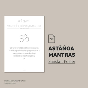 Ashtanga-mantraposter in het Sanskriet: openings- en slotgezangen, vadhe-goeroe en mangala-mantra&#39;s in devanagari-schrift
