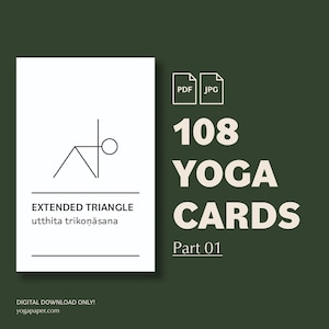 Yoga Cards: 108 hatha yoga poses illustrated with stick-figures. Learn yoga pose names, create sequences with Canva templates for Instagram