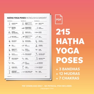 Yoga Poses Cheat Sheet: Hatha Asanas in Sanskrit and English with Stick-Figure Illustration. A Printable PDF for Yoga Teachers & Beginners