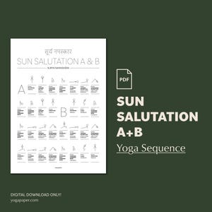 Secuencia de yoga Saludo al Sol A y B, instrucciones de inhalación y exhalación, PDF imprimible con figuras de palitos, nombres en sánscrito e inglés.