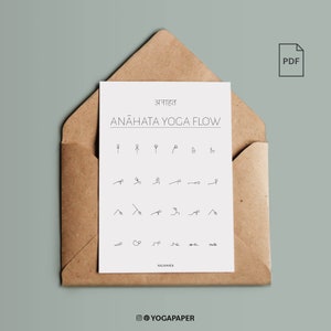 Anahata Yoga Flow: ansichtkaart met stokfiguren, Hatha Vinyasa-reeks, afdrukbare PDF, A6, 4x6, 5x7, hartopening yogahoudingen, hartchakra
