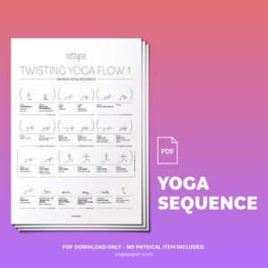 Twisting Yoga Flow: printable hatha yinyasa yoga sequence to download with breathing instructions, stick-figure illustrations in A4, Letter