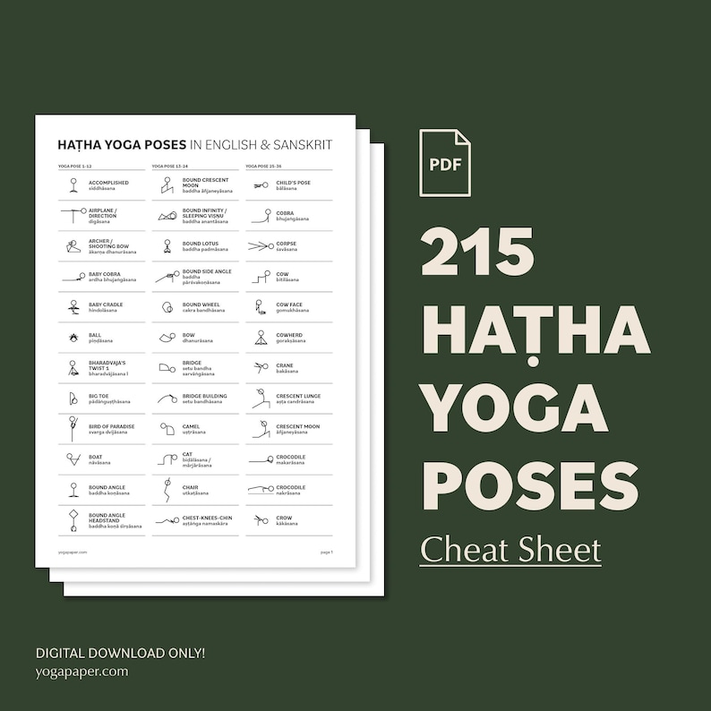 Yoga Poses Cheat Sheet: 215 Hatha Asanas (Printable PDF) image 1