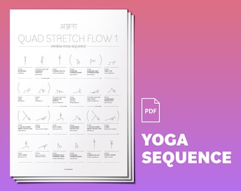 Séquence de yoga imprimable Quad Stretch Flow, routine de yoga intermédiaire pour débutants. Bonhomme allumette, sanskrit, noms de pose anglais, respiration