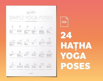 Hatha Yoga Poses For Beginners: Yoga Postures With Stick-Figures, Sanskrit and English Pose Names, Print At Home PDF Digital, Easy Asana