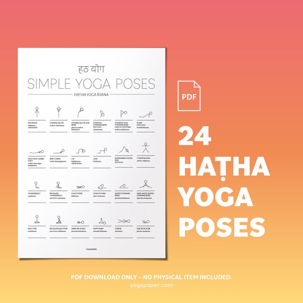 Hatha Yoga Poses For Beginners: Yoga Postures With Stick-Figures, Sanskrit and English Pose Names, Print At Home PDF Digital, Easy Asana