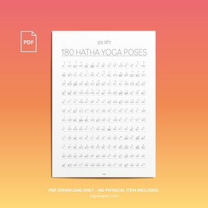 180 Yoga Poses: Printable Yoga Poster, Sanskrit Names with Stick-Figures, English Names, Download PDF A1, 24x36, Yoga Gift, Yoga Present