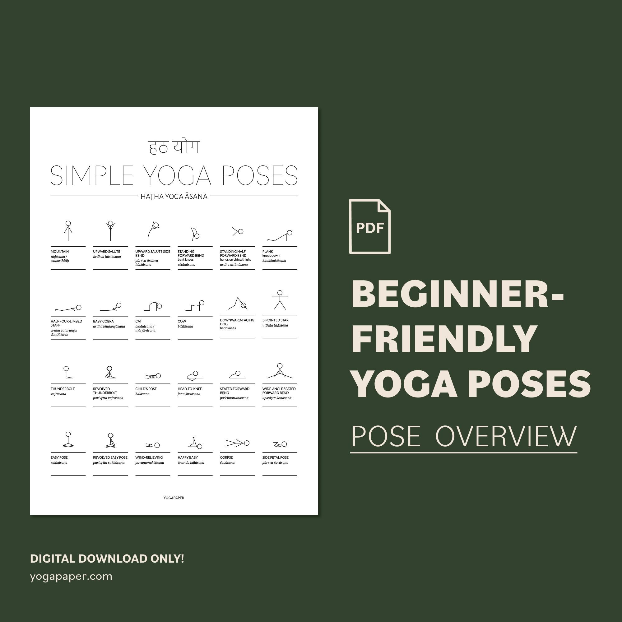 Hatha Yoga Poses Chart: Beginner Stick Figures, Sanskrit & English (PDF ...