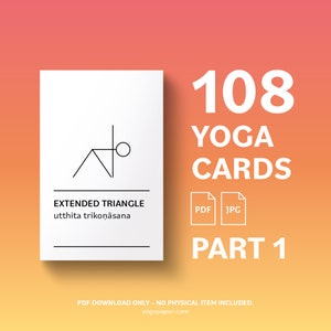 Yoga Cards: 108 hatha yoga poses illustrated with stick-figures. Learn yoga pose names, create sequences with Canva templates for Instagram