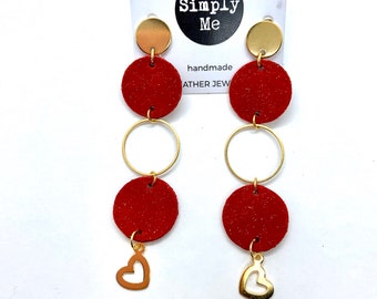 Pendant earring in real handmade red Valentine's Day leather