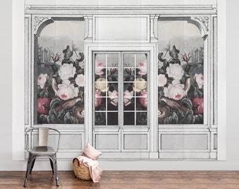 Flower Fields Removable Wallpaper, Vintage Floral Arch Peel and Stick Wall Mural