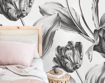 Dutch Floral Removable Wallpaper, Vintage Tulips Flowers Temporary Wall Mural in Grey Color