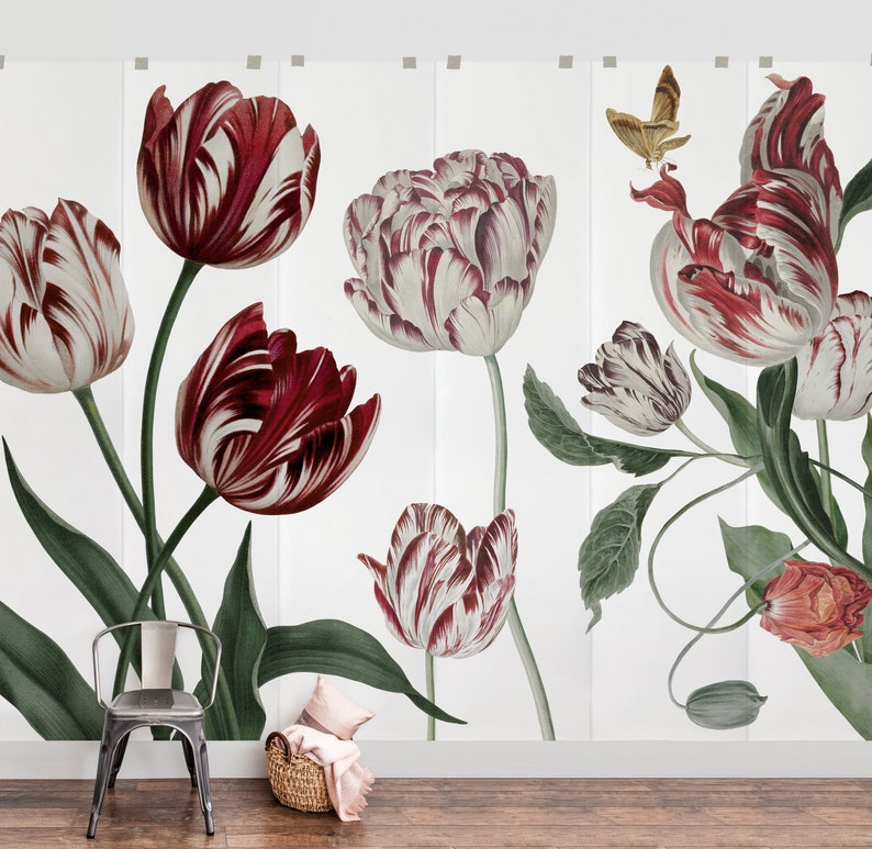 layout of a beautiful floral removable wallpaper in red tones