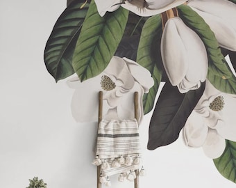 Magnolia Flower Removable Wallpaper, Vintage Flora Wall Mural