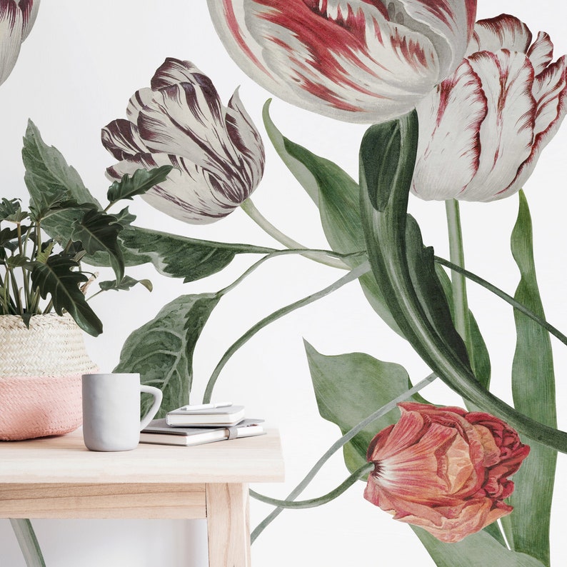 vintage painted red tulip wallpaper in red tones