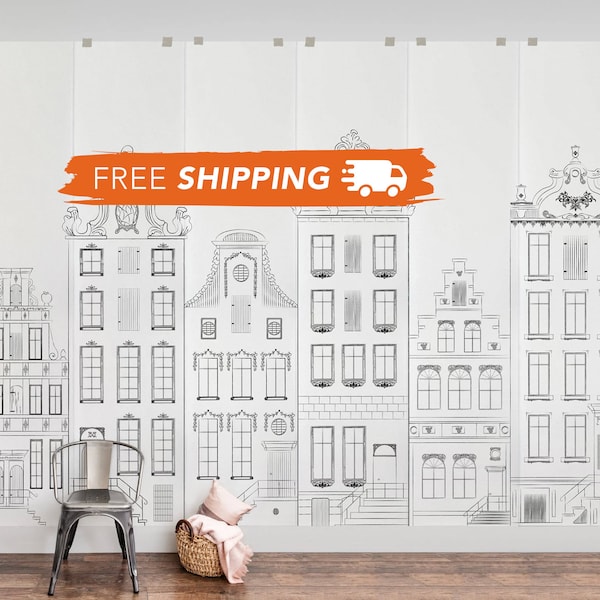 Amsterdam Houses Removable Wallpaper, City Streets of Amsterdam, Baby Room Peel and stick Wall Mural