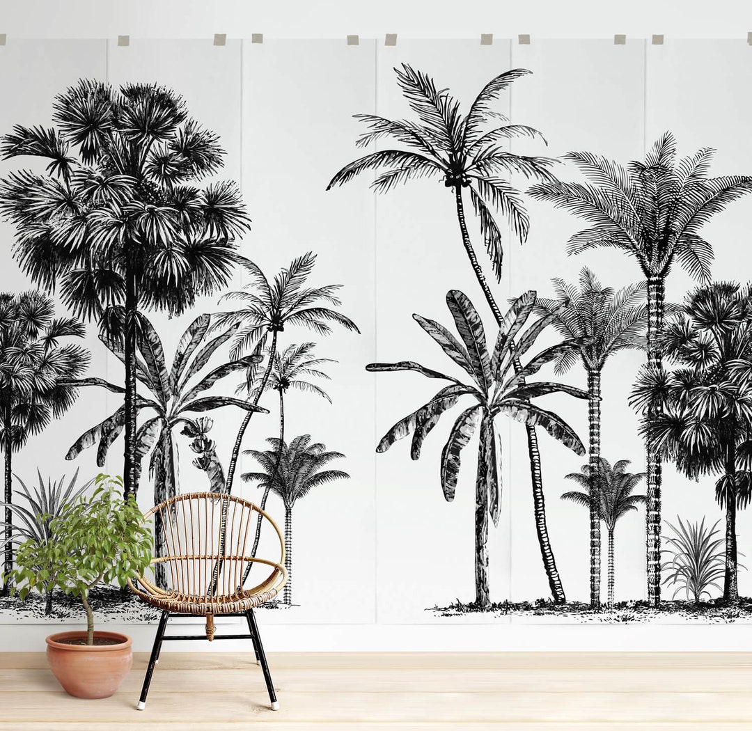 Tropical Palm Tree Wallpaper Mural, Black & White, Peel and Stick - Etsy
