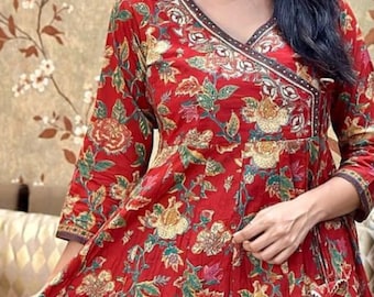 Indian 3 pc Cotton Salwar Suit Kurti,  Floral Pattern Dark red and green