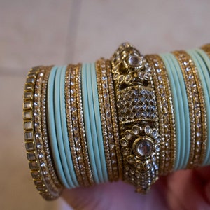 Indian Pakistani Bangle One Set Chudiyan Mint Green and Gold ( size 2.4”)