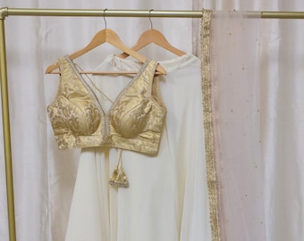 Off-White and Beige Deep V Neck Brocade Blouse Cream Lehenga Choli