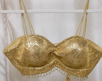 Gold Sequin Blouse Padded Beaded Fringe Indowestern Blouse
