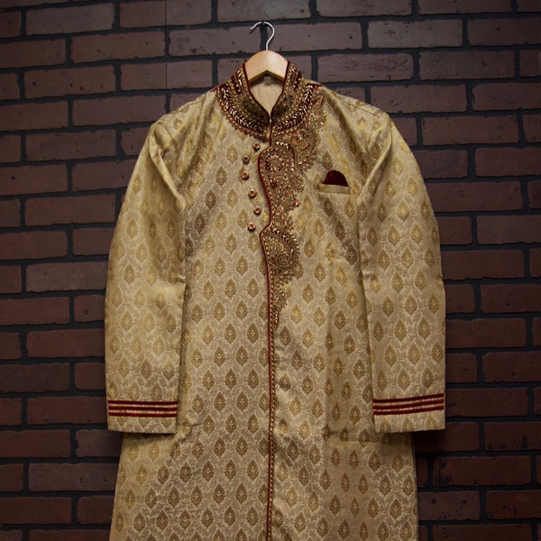 Mens Sherwani Wedding Beige Burgundy