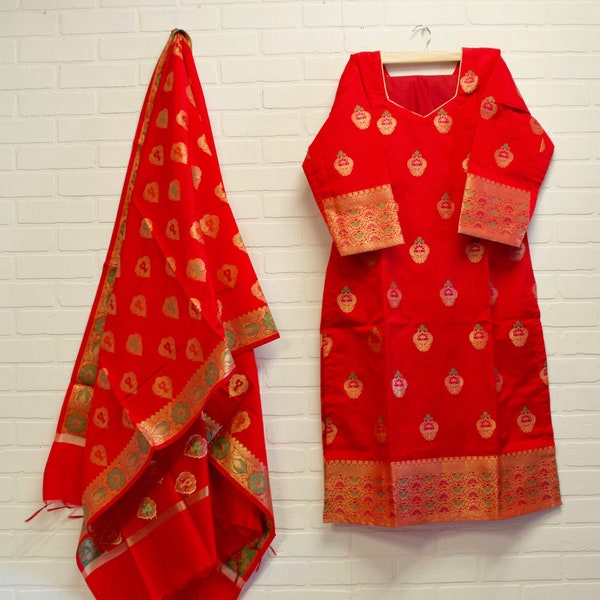 Red  Brocade Salwar Kameez Suit Stitched Size 44