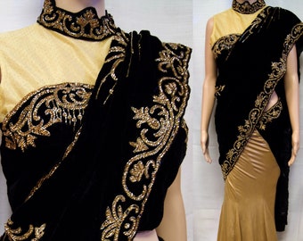 Azul marino oscuro Sari indio Sari Precosido Predrapado Un minuto Ropa de fiesta Dorado Beige Metálico