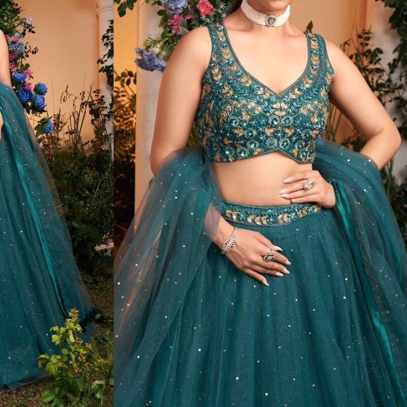 Green Net Lehenga Choli With Blouse & Dupatta For Indian & Pakistani Wedding Festival - Dori With Thread & Sequence Embroidery Work