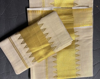 Conjunto de diseño de templo de tejido tradicional Onam Mundu