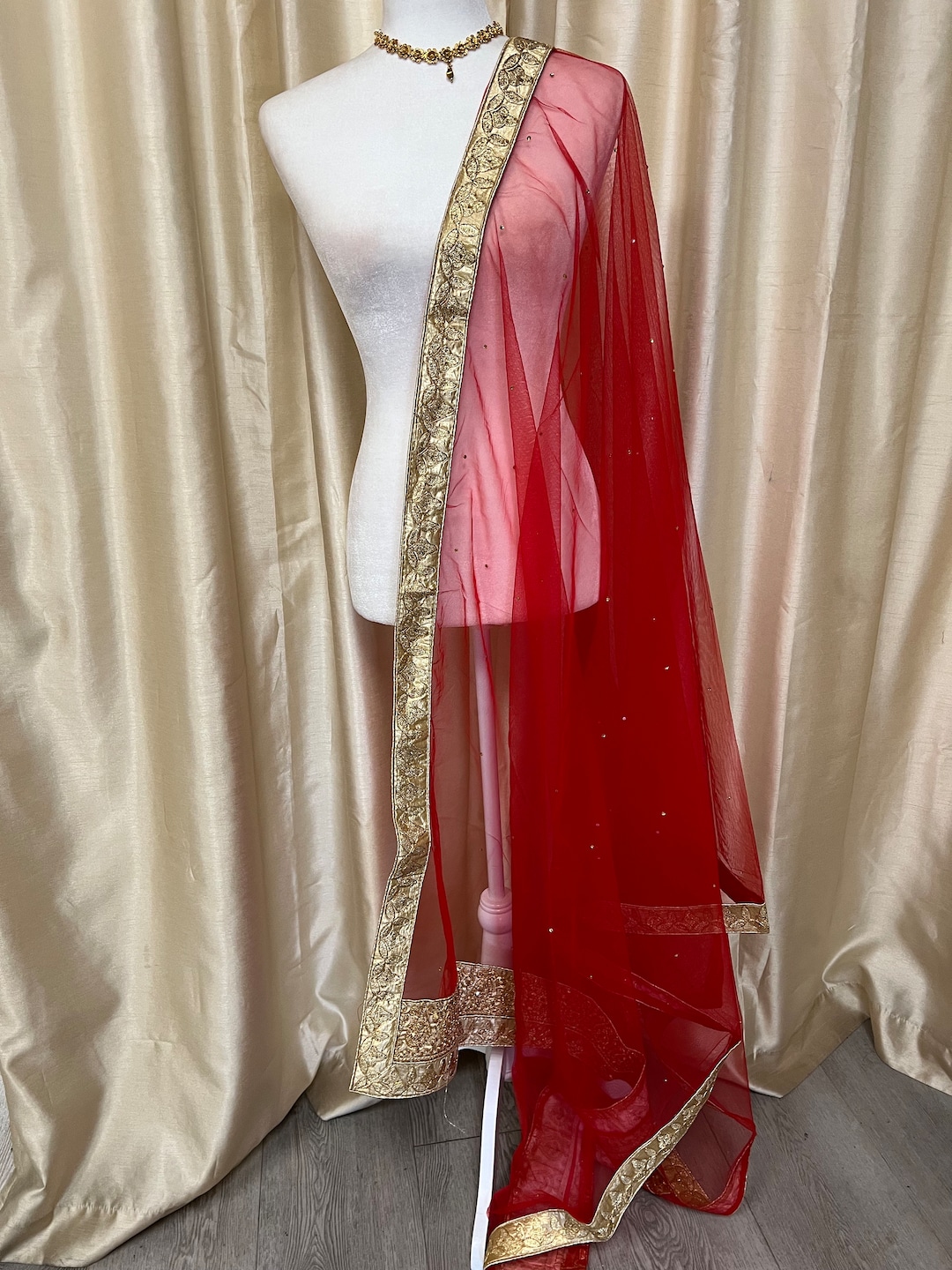 Red Embellished Net Dupatta