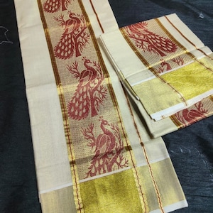 Traditionelles Kerala Taschentuch Set Mundu ( Maroon)